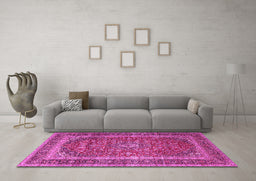 Machine Washable Medallion Pink Traditional Rug in a Living Room, wshtr3327pnk