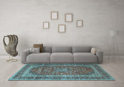 Machine Washable Medallion Light Blue Traditional Rug in a Living Room, wshtr3327lblu