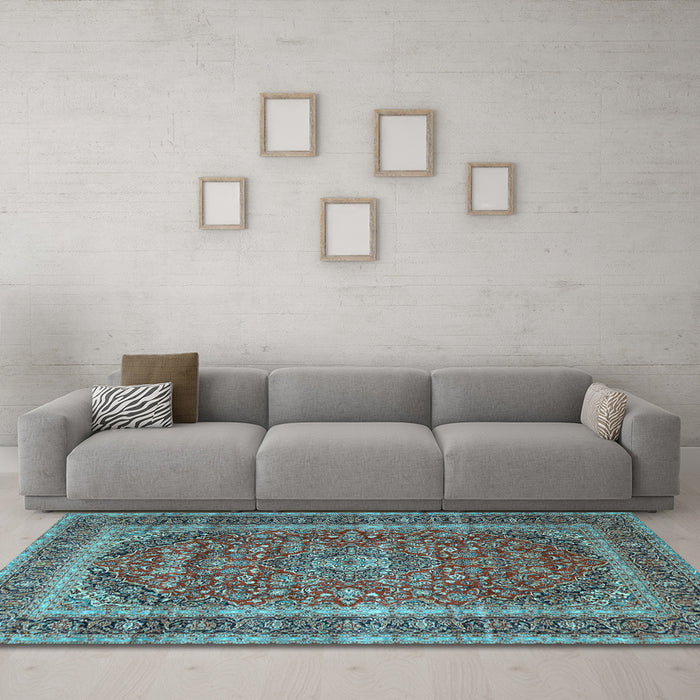 Machine Washable Medallion Light Blue Traditional Rug in a Living Room, wshtr3327lblu