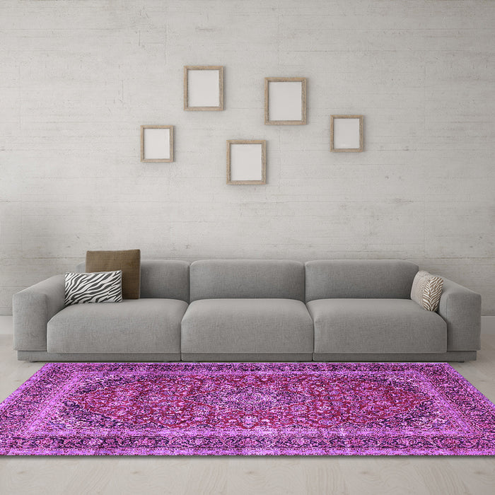 Machine Washable Medallion Purple Traditional Area Rugs in a Living Room, wshtr3327pur