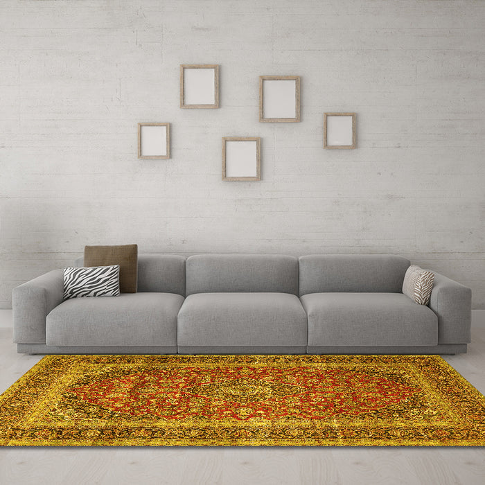Machine Washable Medallion Yellow Traditional Rug in a Living Room, wshtr3327yw