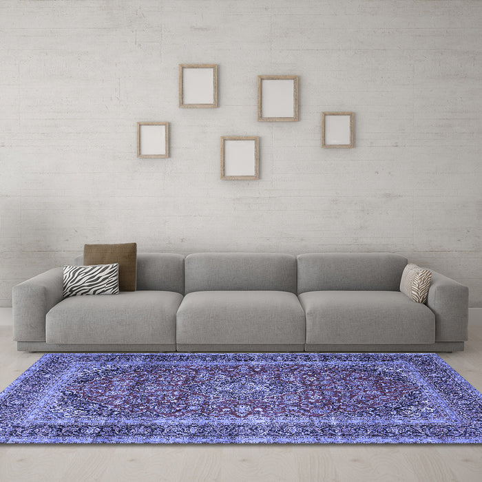 Machine Washable Medallion Blue Traditional Rug in a Living Room, wshtr3327blu