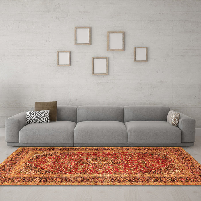 Machine Washable Medallion Orange Traditional Area Rugs in a Living Room, wshtr3327org