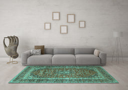 Machine Washable Medallion Turquoise Traditional Area Rugs in a Living Room,, wshtr3327turq