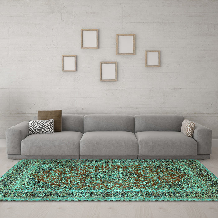 Machine Washable Medallion Turquoise Traditional Area Rugs in a Living Room,, wshtr3327turq