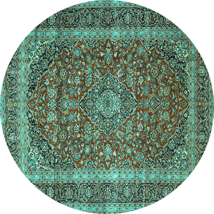 Round Machine Washable Medallion Turquoise Traditional Area Rugs, wshtr3327turq