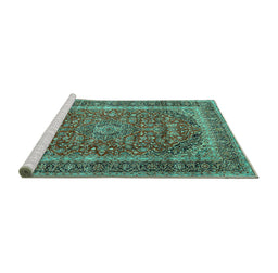 Sideview of Machine Washable Medallion Turquoise Traditional Area Rugs, wshtr3327turq