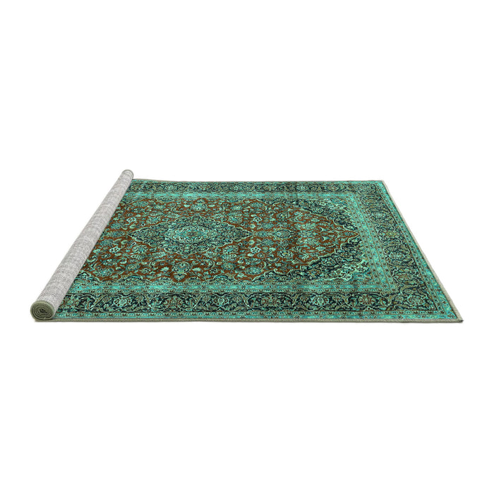 Sideview of Machine Washable Medallion Turquoise Traditional Area Rugs, wshtr3327turq