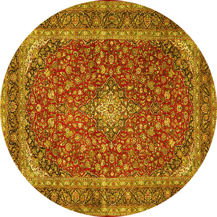 Round Machine Washable Medallion Yellow Traditional Rug, wshtr3337yw