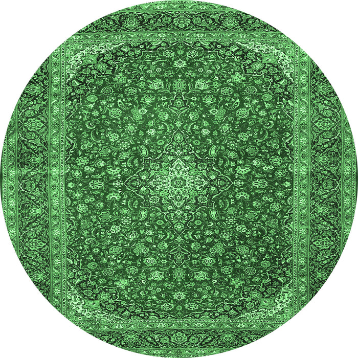 Round Machine Washable Medallion Emerald Green Traditional Area Rugs, wshtr3337emgrn