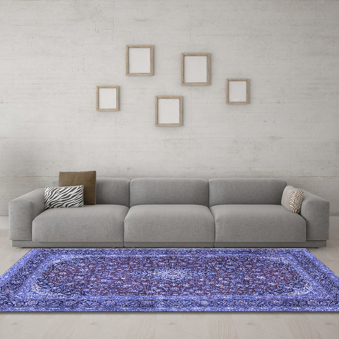Machine Washable Medallion Blue Traditional Rug in a Living Room, wshtr3337blu