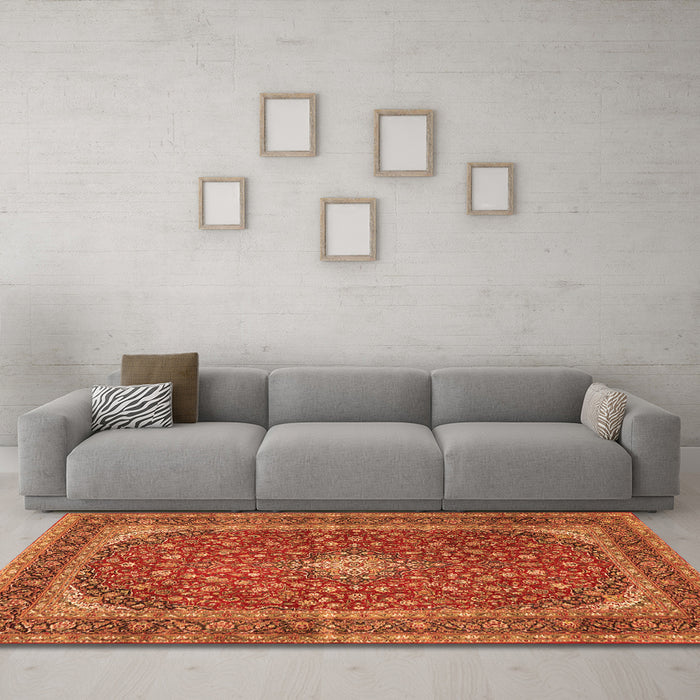 Machine Washable Medallion Orange Traditional Area Rugs in a Living Room, wshtr3337org