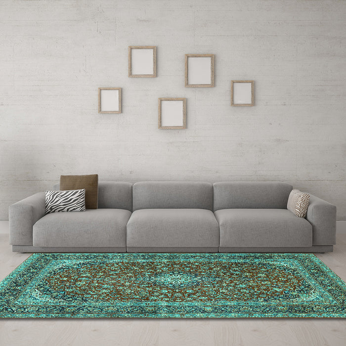 Machine Washable Medallion Turquoise Traditional Area Rugs in a Living Room,, wshtr3337turq