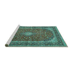 Sideview of Machine Washable Medallion Turquoise Traditional Area Rugs, wshtr3337turq