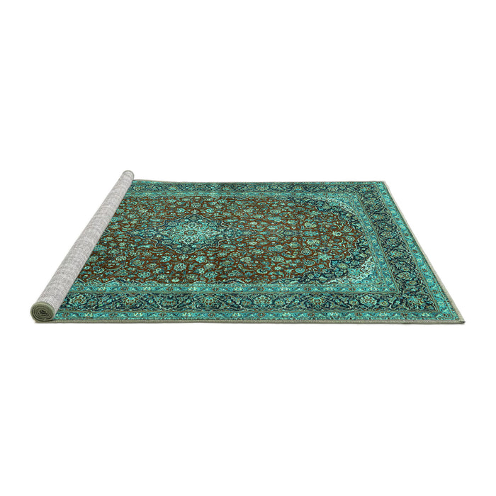 Sideview of Machine Washable Medallion Turquoise Traditional Area Rugs, wshtr3337turq