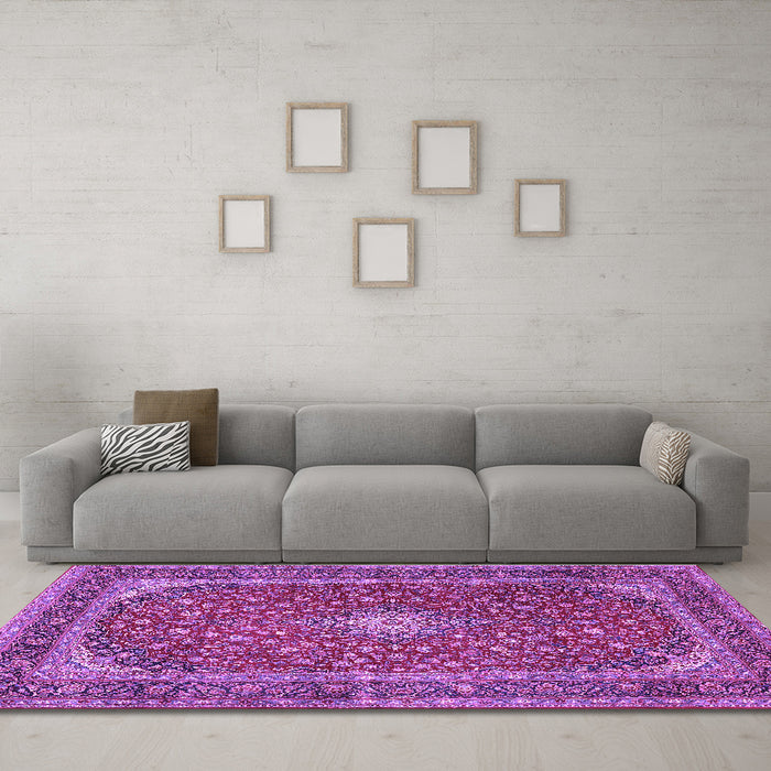 Machine Washable Medallion Purple Traditional Area Rugs in a Living Room, wshtr3337pur
