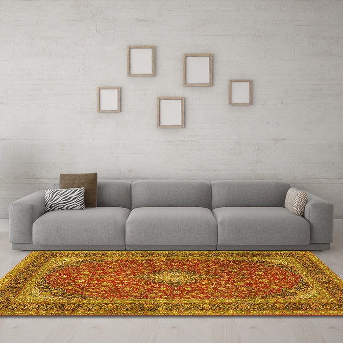Machine Washable Medallion Yellow Traditional Rug in a Living Room, wshtr3337yw