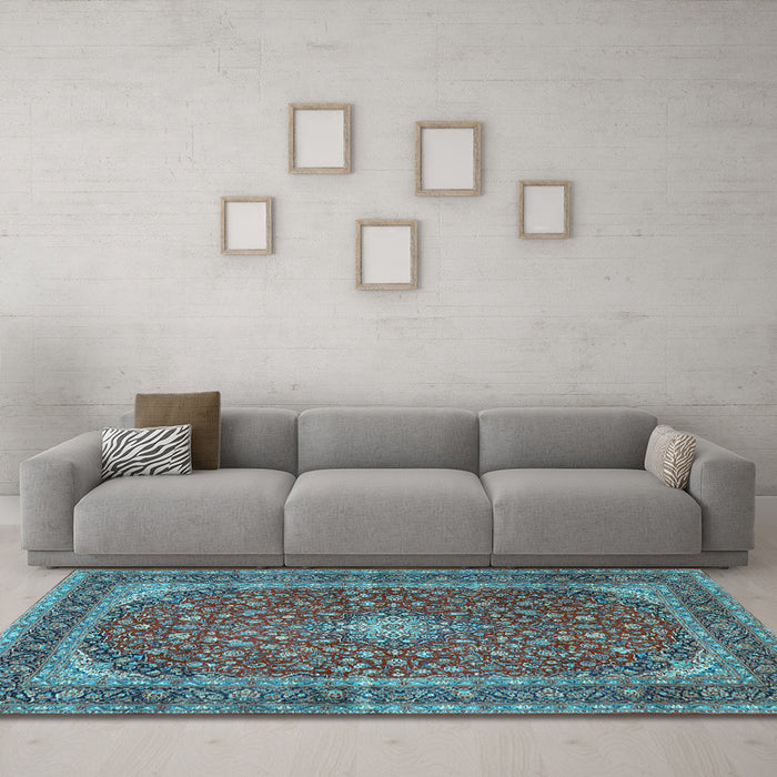 Machine Washable Medallion Light Blue Traditional Rug in a Living Room, wshtr3337lblu
