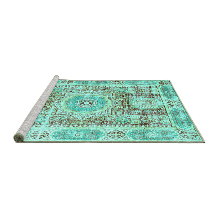 Sideview of Machine Washable Persian Turquoise Traditional Area Rugs, wshtr333turq