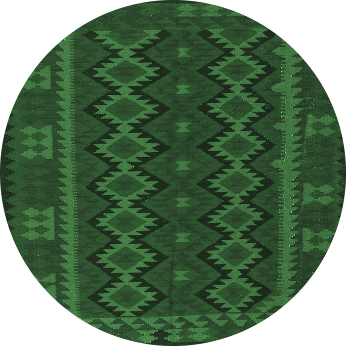 Round Machine Washable Southwestern Emerald Green Country Area Rugs, wshtr3343emgrn