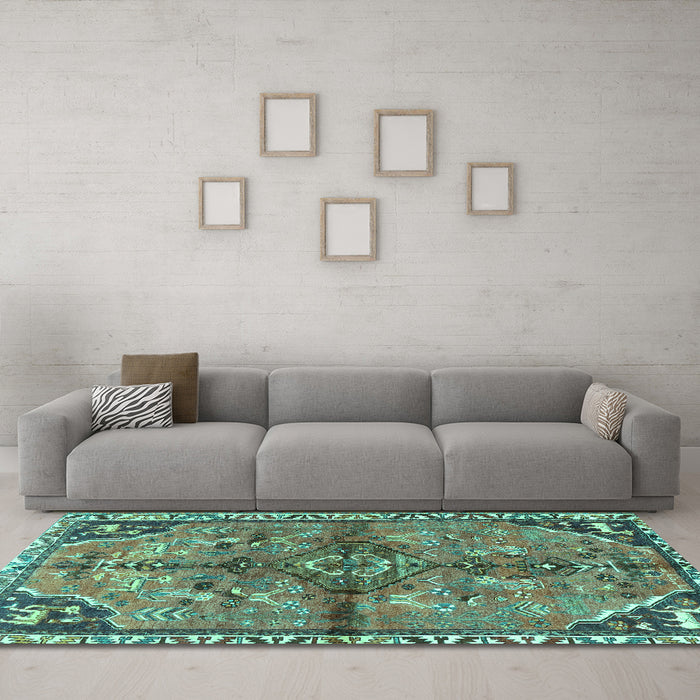 Machine Washable Persian Turquoise Traditional Area Rugs in a Living Room,, wshtr3344turq