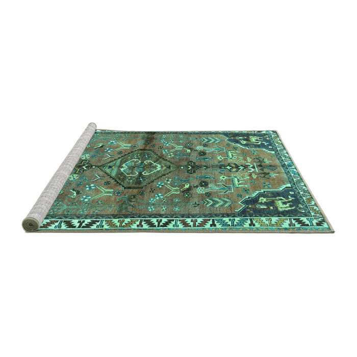 Sideview of Machine Washable Persian Turquoise Traditional Area Rugs, wshtr3344turq