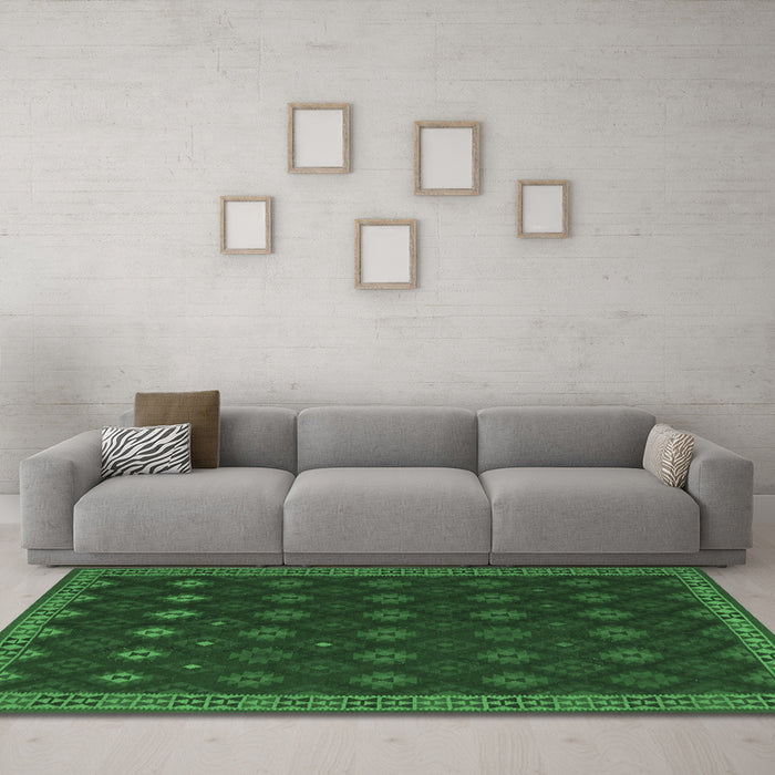 Machine Washable Southwestern Emerald Green Country Area Rugs in a Living Room,, wshtr3346emgrn