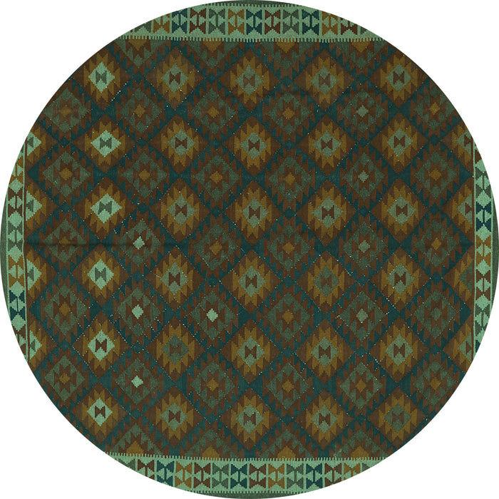 Round Machine Washable Southwestern Turquoise Country Area Rugs, wshtr3346turq