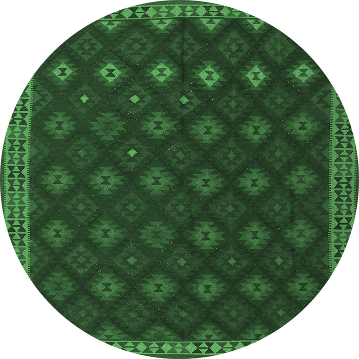 Round Machine Washable Southwestern Emerald Green Country Area Rugs, wshtr3346emgrn