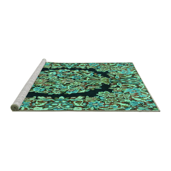 Sideview of Machine Washable Persian Turquoise Traditional Area Rugs, wshtr3347turq