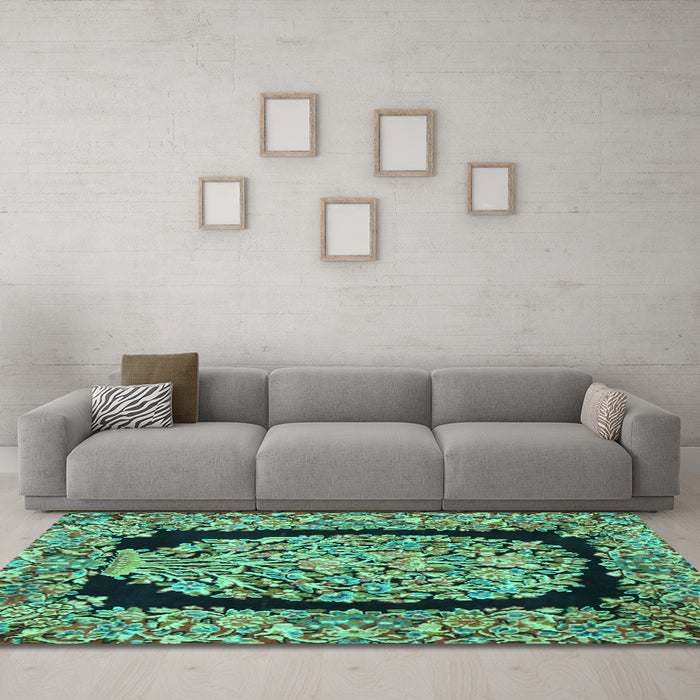 Machine Washable Persian Turquoise Traditional Area Rugs in a Living Room,, wshtr3348turq