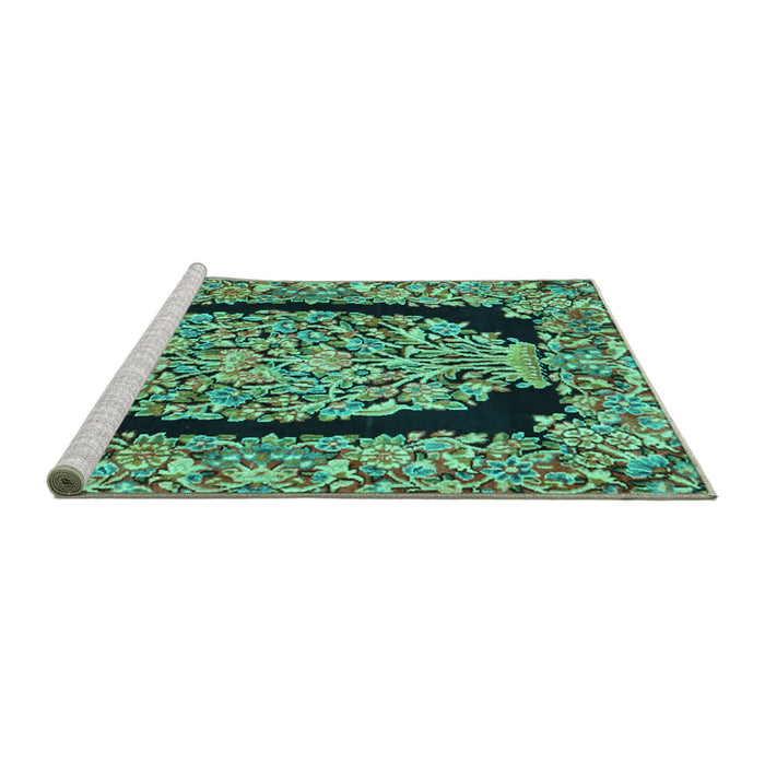 Sideview of Machine Washable Persian Turquoise Traditional Area Rugs, wshtr3348turq