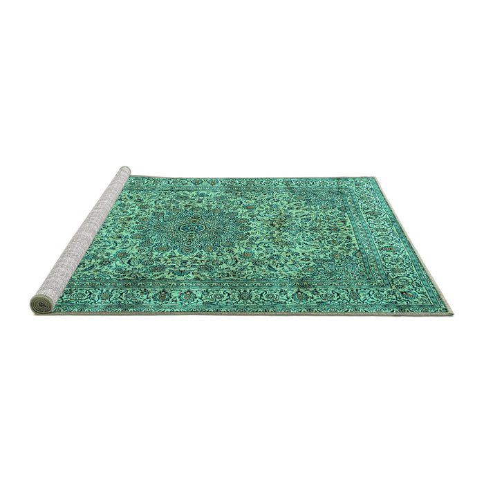 Sideview of Machine Washable Persian Turquoise Traditional Area Rugs, wshtr3349turq
