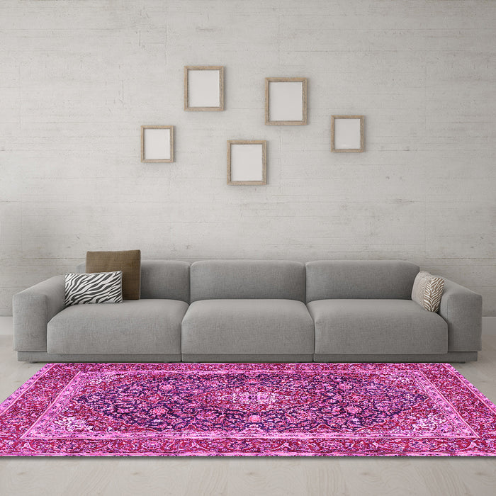 Machine Washable Medallion Pink Traditional Rug in a Living Room, wshtr3350pnk