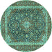 Round Machine Washable Medallion Turquoise Traditional Area Rugs, wshtr3350turq