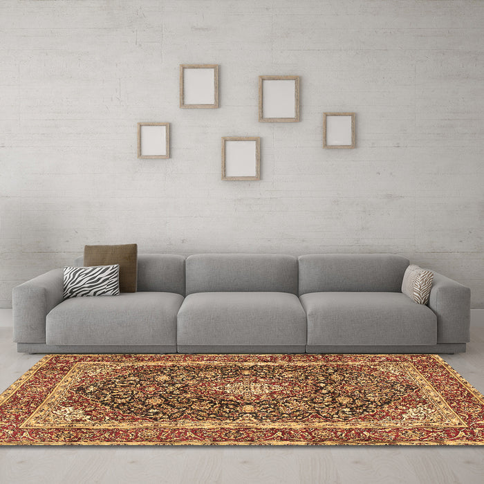 Machine Washable Medallion Brown Traditional Rug in a Living Room,, wshtr3350brn