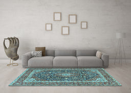 Machine Washable Medallion Light Blue Traditional Rug in a Living Room, wshtr3350lblu