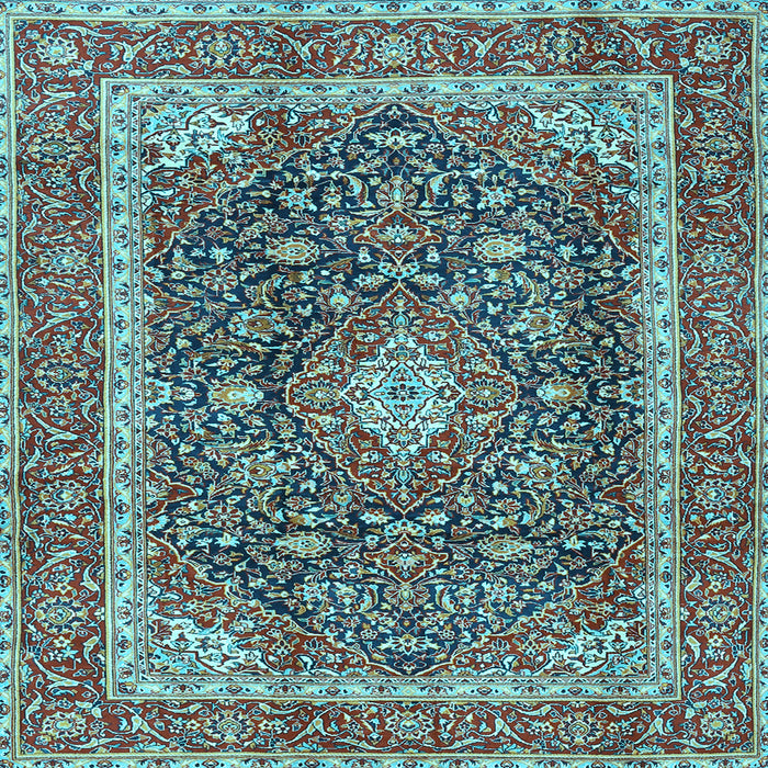 Square Machine Washable Medallion Light Blue Traditional Rug, wshtr3350lblu
