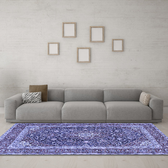 Machine Washable Medallion Blue Traditional Rug in a Living Room, wshtr3350blu