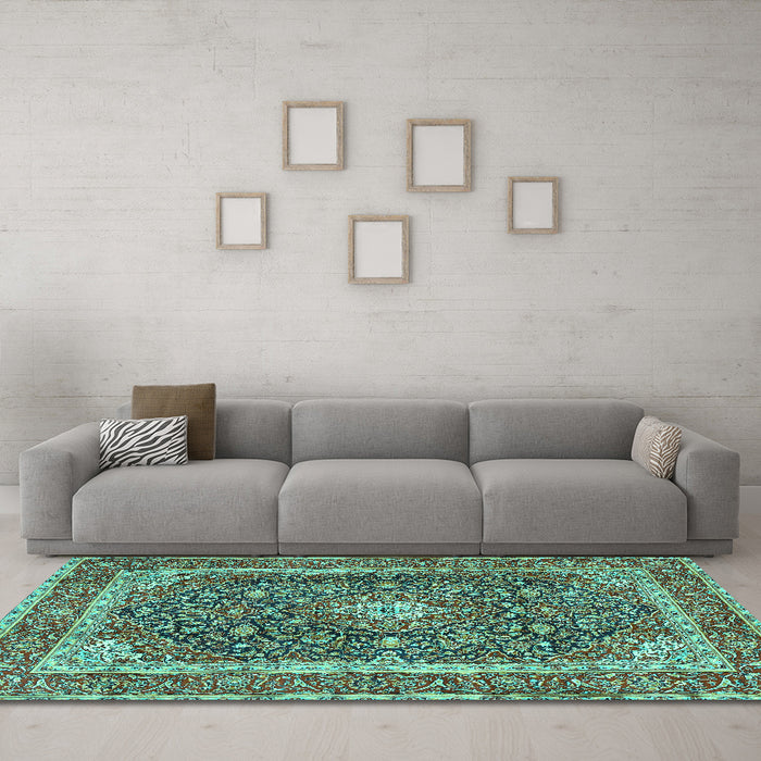 Machine Washable Medallion Turquoise Traditional Area Rugs in a Living Room,, wshtr3350turq