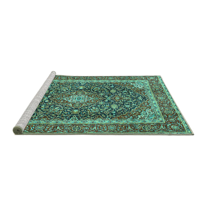Sideview of Machine Washable Medallion Turquoise Traditional Area Rugs, wshtr3350turq