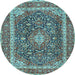 Round Machine Washable Medallion Light Blue Traditional Rug, wshtr3350lblu