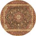 Round Machine Washable Medallion Brown Traditional Rug, wshtr3350brn