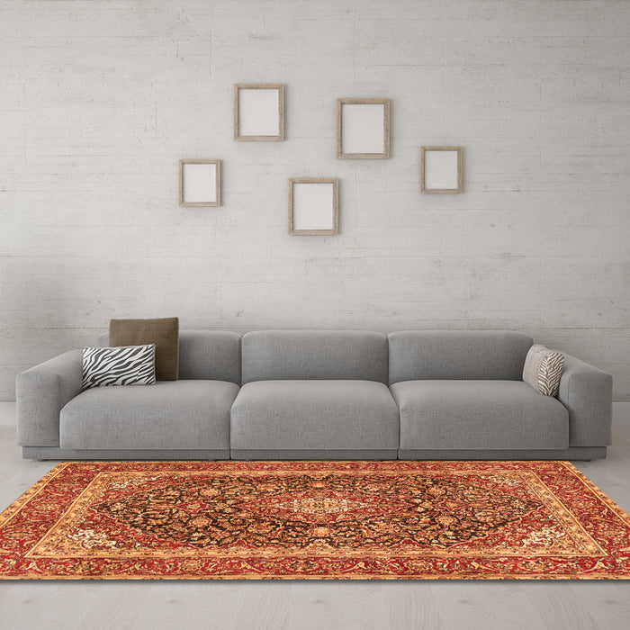 Machine Washable Medallion Orange Traditional Area Rugs in a Living Room, wshtr3350org