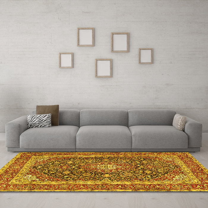 Machine Washable Medallion Yellow Traditional Rug in a Living Room, wshtr3350yw
