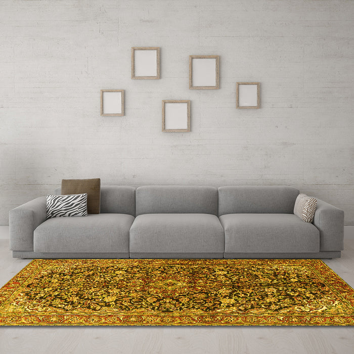 Machine Washable Persian Yellow Traditional Rug in a Living Room, wshtr3351yw