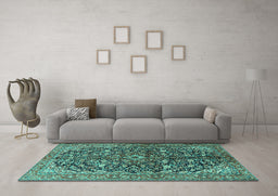Machine Washable Persian Turquoise Traditional Area Rugs in a Living Room,, wshtr3351turq