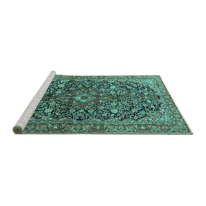 Sideview of Machine Washable Persian Turquoise Traditional Area Rugs, wshtr3351turq