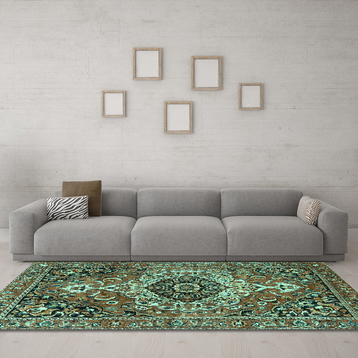 Machine Washable Medallion Turquoise Traditional Area Rugs in a Living Room,, wshtr3352turq