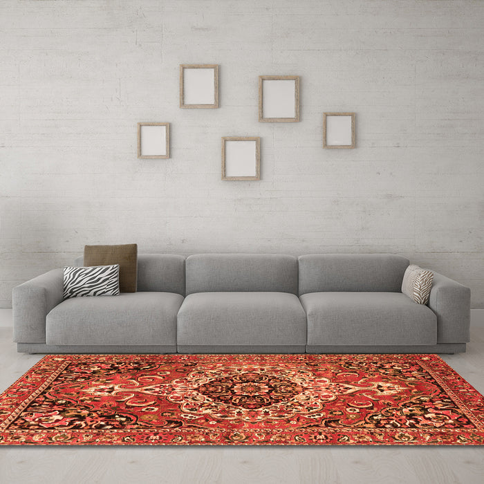 Machine Washable Medallion Orange Traditional Area Rugs in a Living Room, wshtr3352org